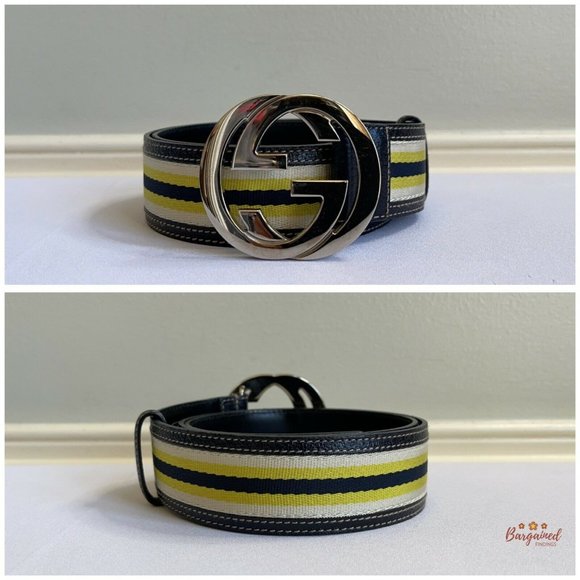Authentic GUCCI Web Canvas Leather Gold Interlocking G Buckle Belt 85/34 - Picture 3 of 13